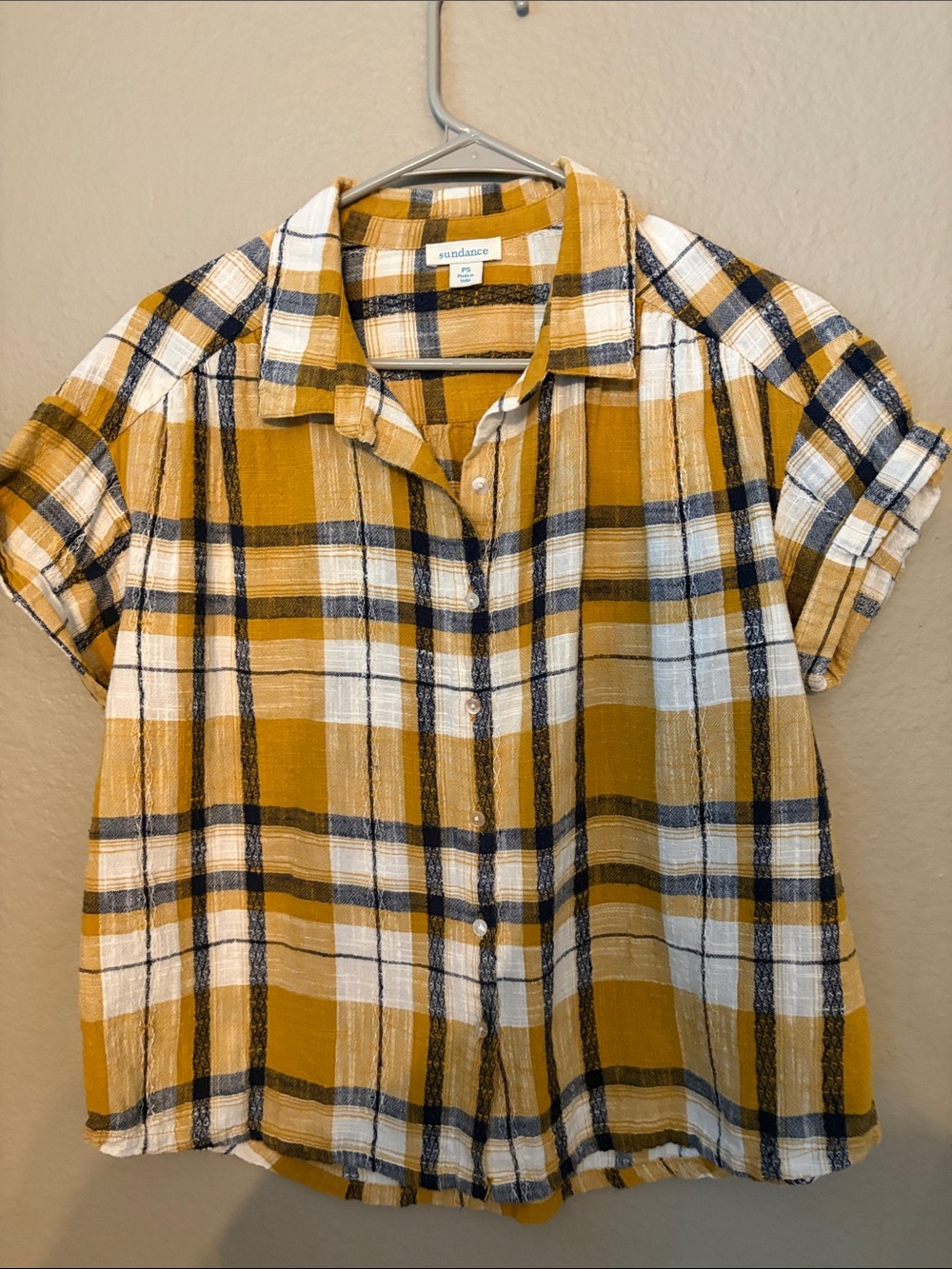 Sundance Mustard, Navy & White Plaid Short Sleeve Button-Up
